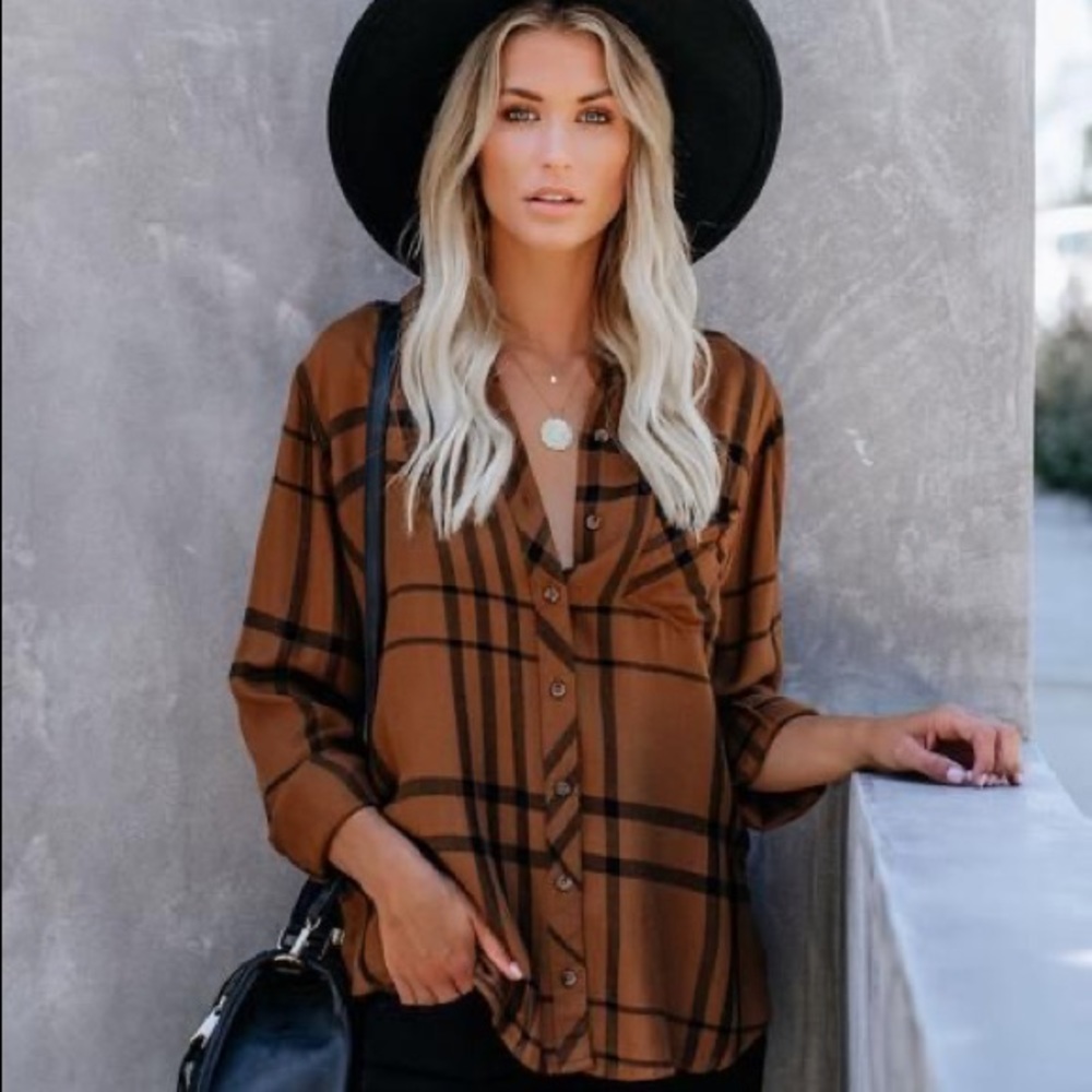 Camel Brown Plaid Button Down